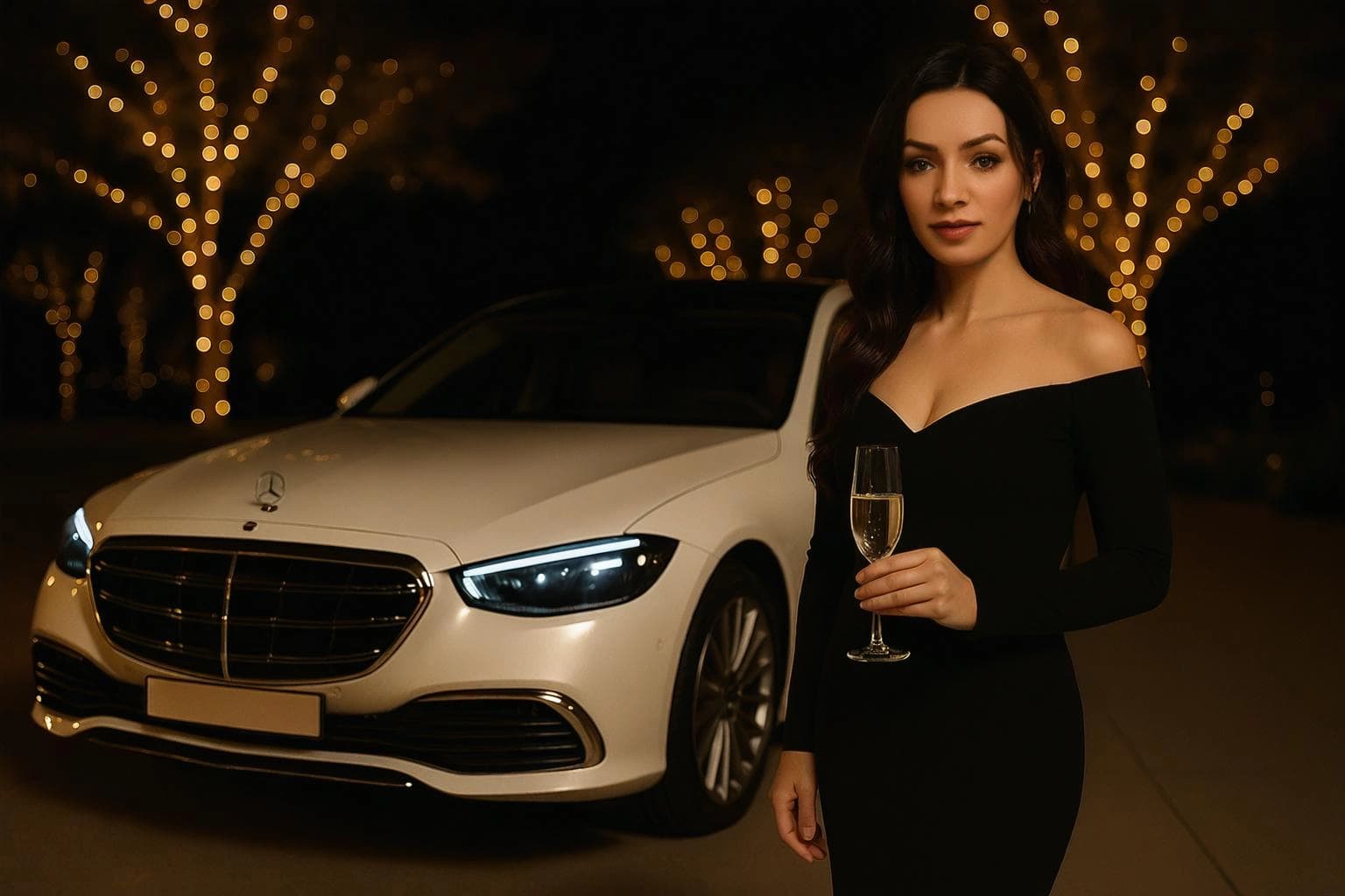 VIP Mercedes S-Class transport service at night with luxury ambiance