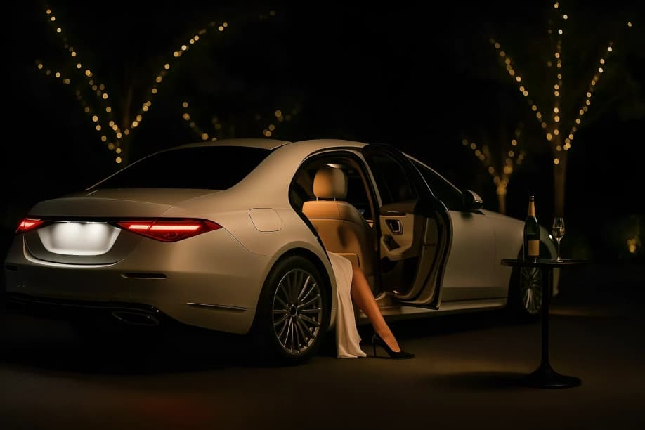 Elegant white Mercedes-Benz S-Class at anniversary celebration with chauffeur