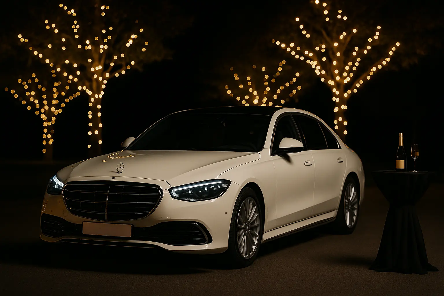 Luxury white Mercedes S-Class wedding chauffeur service in Switzerland